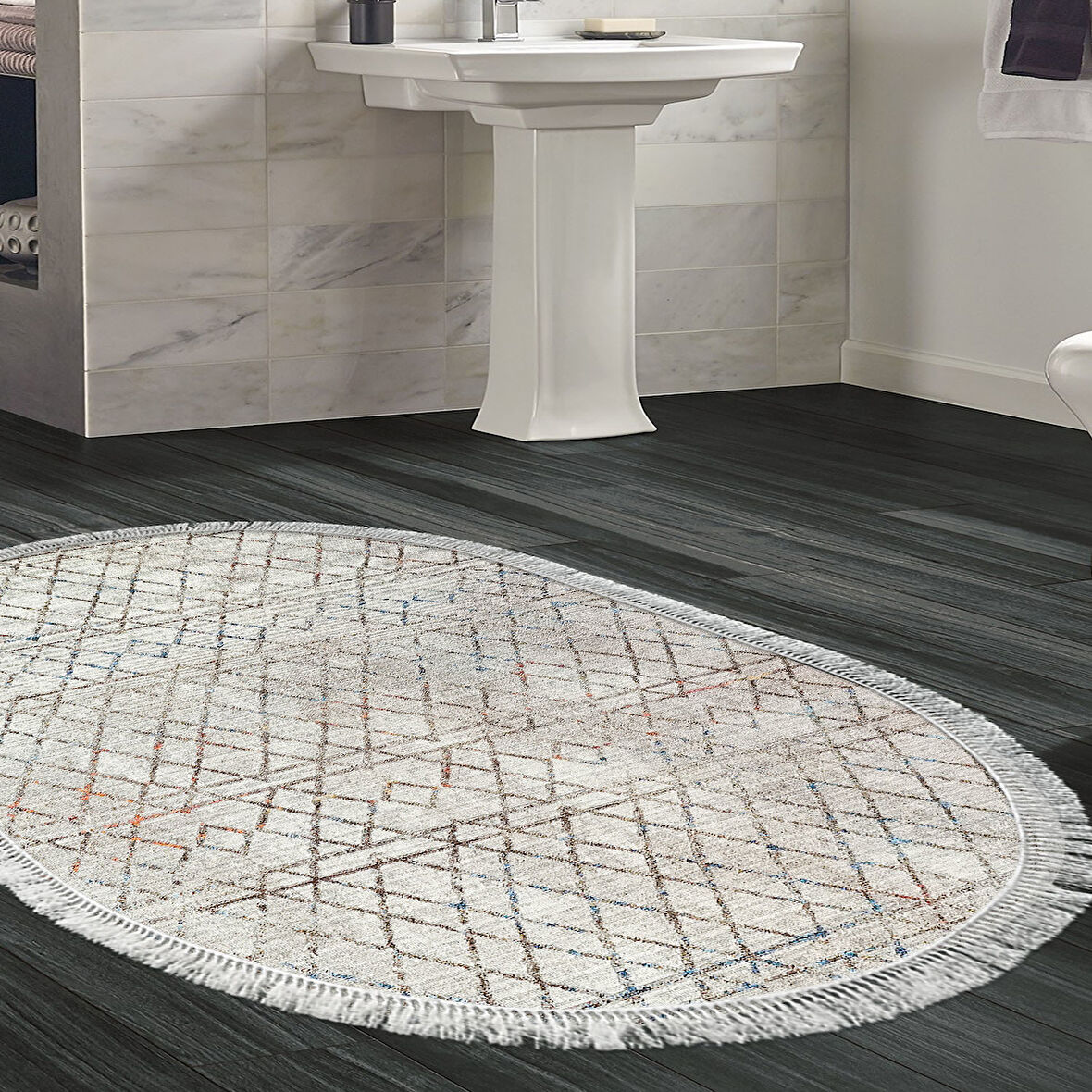 Dekoreko Kaymaz Taban Djt Banyo Halısı Star Pamuk Saçaklı Oval İskandinav F5079
