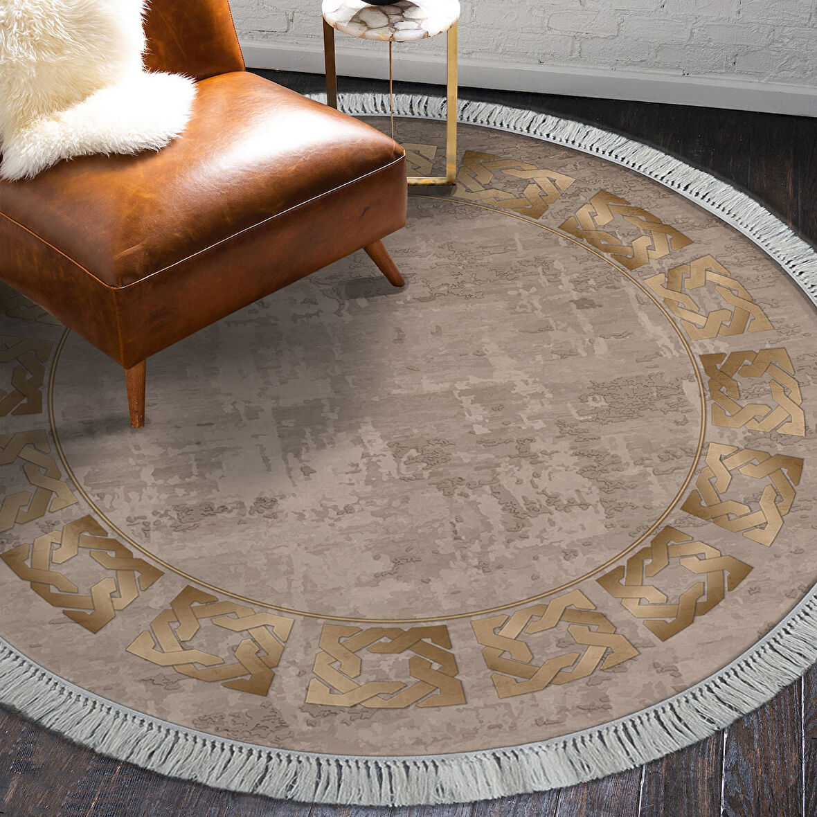 Dekoreko Kaymaz Taban Djt Salon Halısı Yıldız Deri Saçaklı Yuvarlak Modern 691M