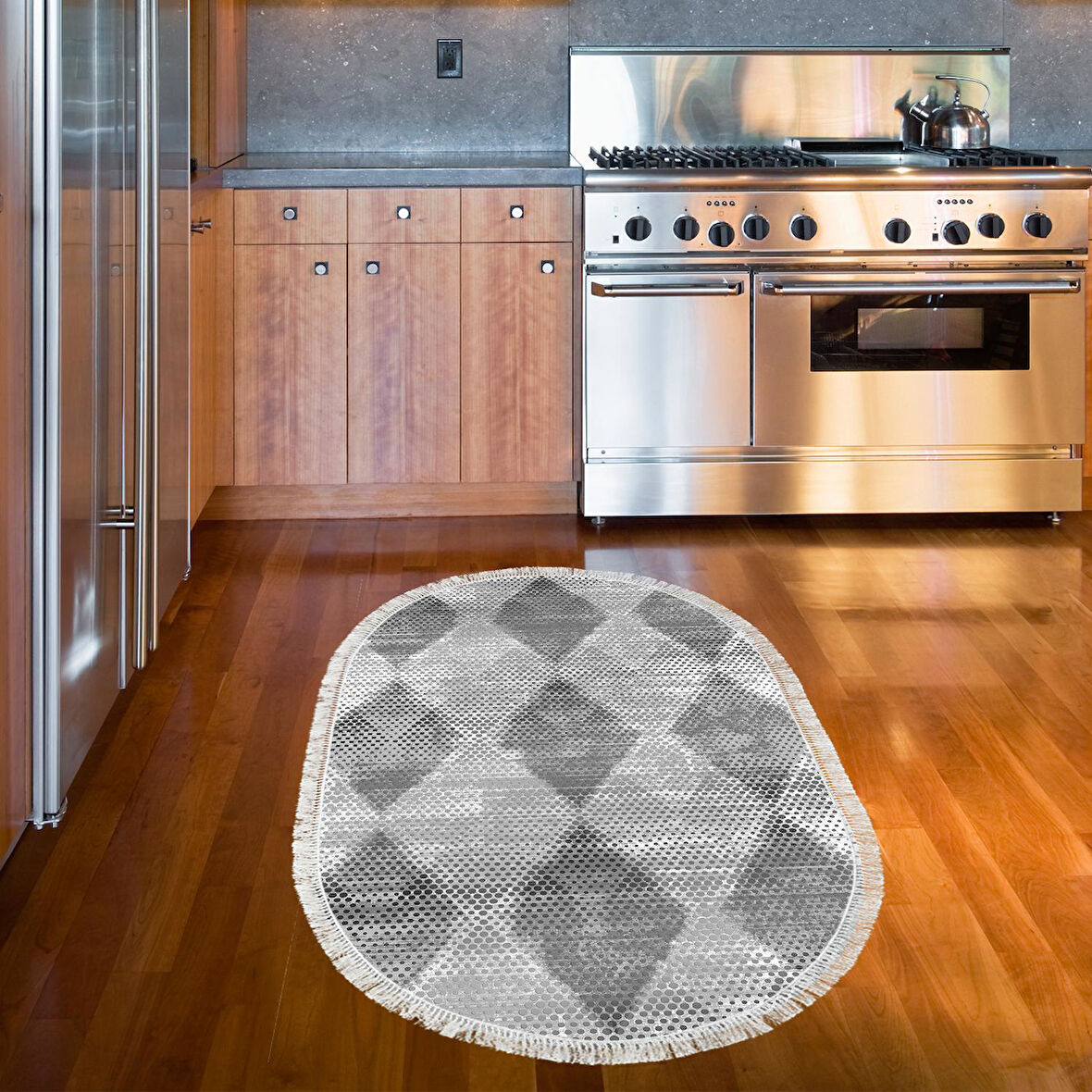 Dekoreko Kaymaz Taban Djt Mutfak Halısı Star Pamuk Saçaklı Oval İskandinav F5131