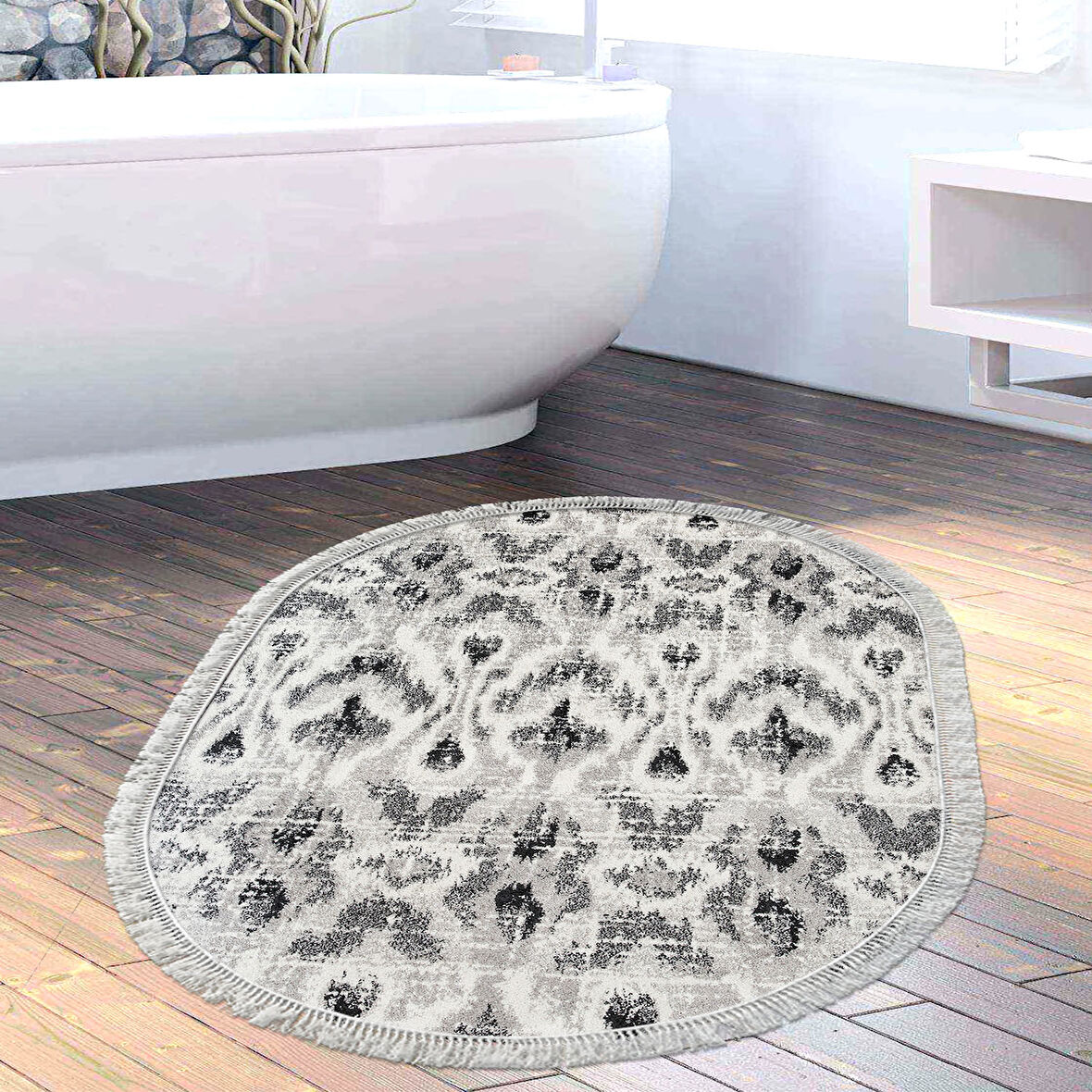 Dekoreko Kaymaz Taban Djt Banyo Halısı Trend Saçaklı Oval İskandinav F5136