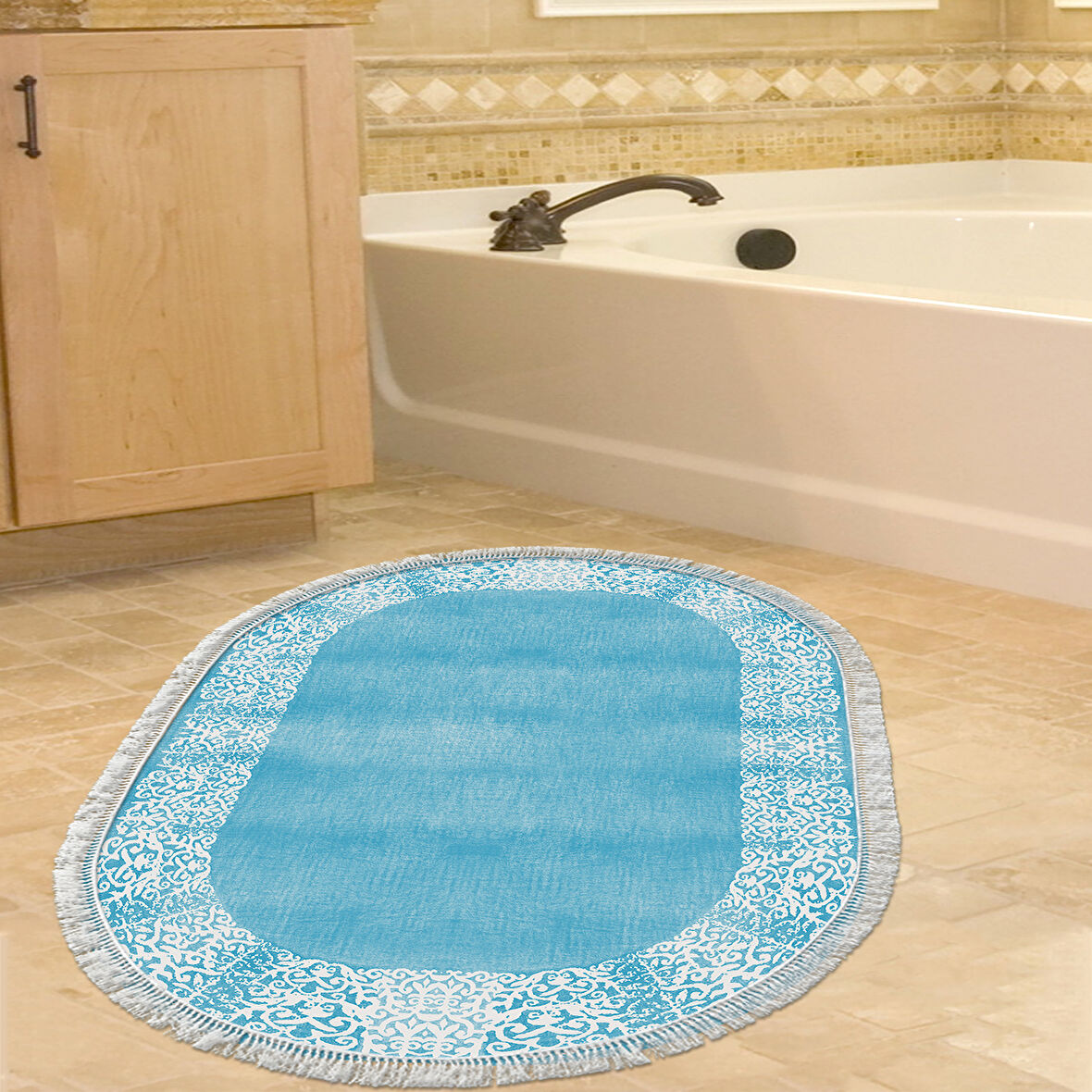 Dekoreko Kaymaz Taban Djt Banyo Halısı Yıldız Deri Saçaklı Oval Modern 1460