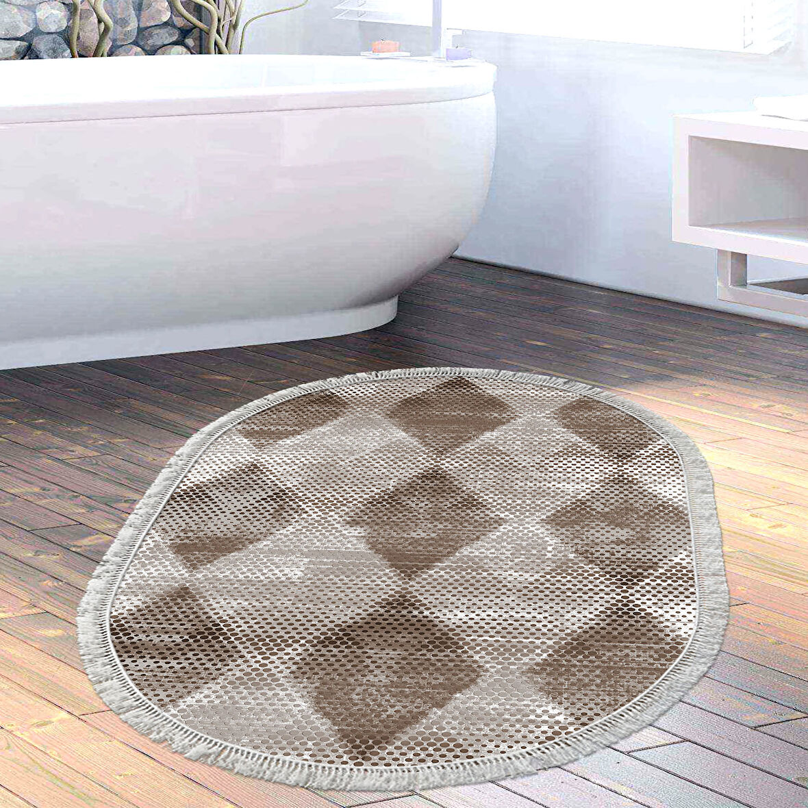 Dekoreko Kaymaz Taban Djt Banyo Halısı Star Pamuk Saçaklı Oval İskandinav F5131