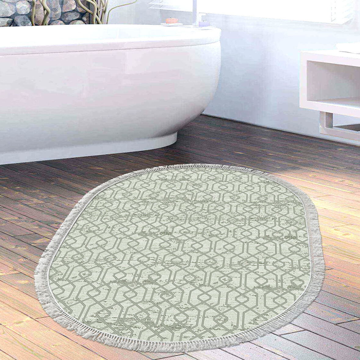 Dekoreko Kaymaz Taban Djt Banyo Halısı Yıldız Deri Saçaklı Oval Modern 757