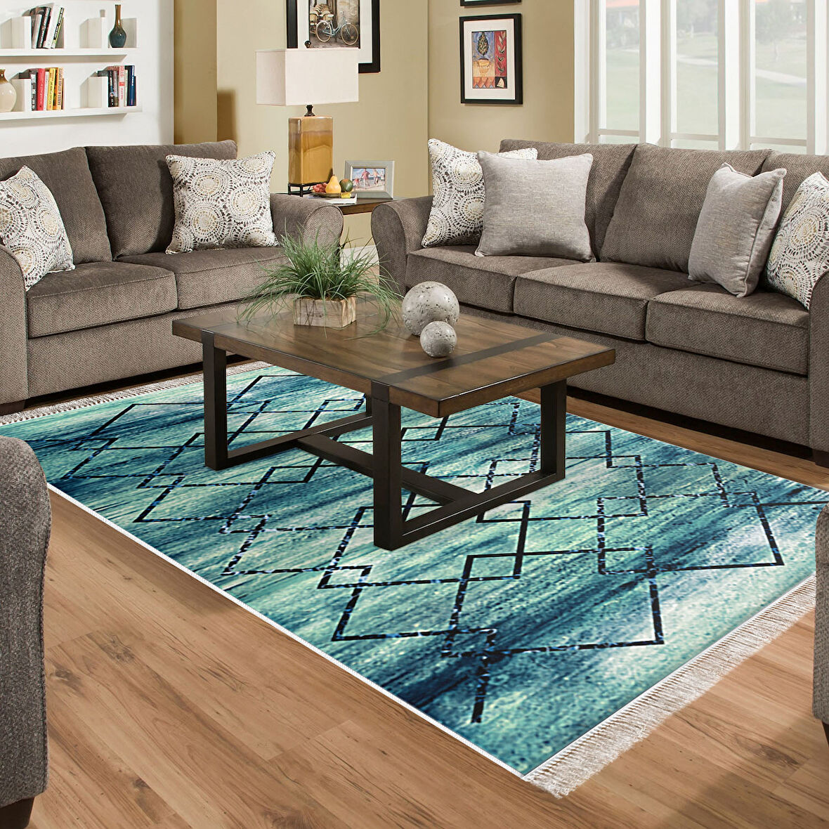 Dekoreko Kaymaz Taban Djt Salon Halısı Yıldız Deri Saçaklı Modern M5006