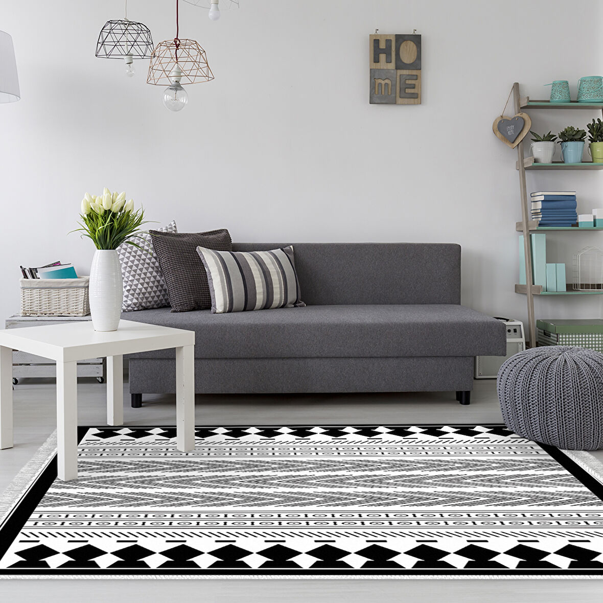 Dekoreko Kaymaz Taban Djt Salon Halısı Yıldız Deri Saçaklı İskandinav M1273