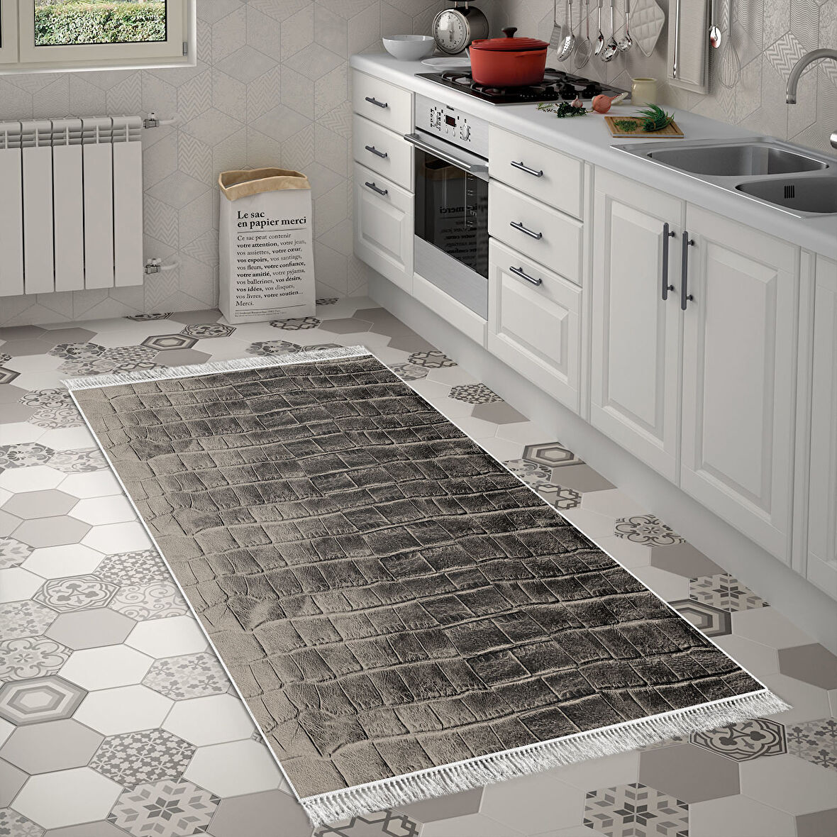 Dekoreko Kaymaz Taban Djt Mutfak Halısı Yıldız Deri Saçaklı Modern 1911