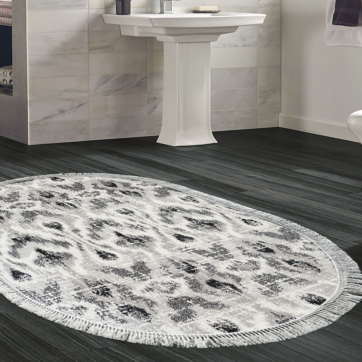 Dekoreko Kaymaz Taban Djt Banyo Halısı Star Pamuk Saçaklı Oval İskandinav F5136