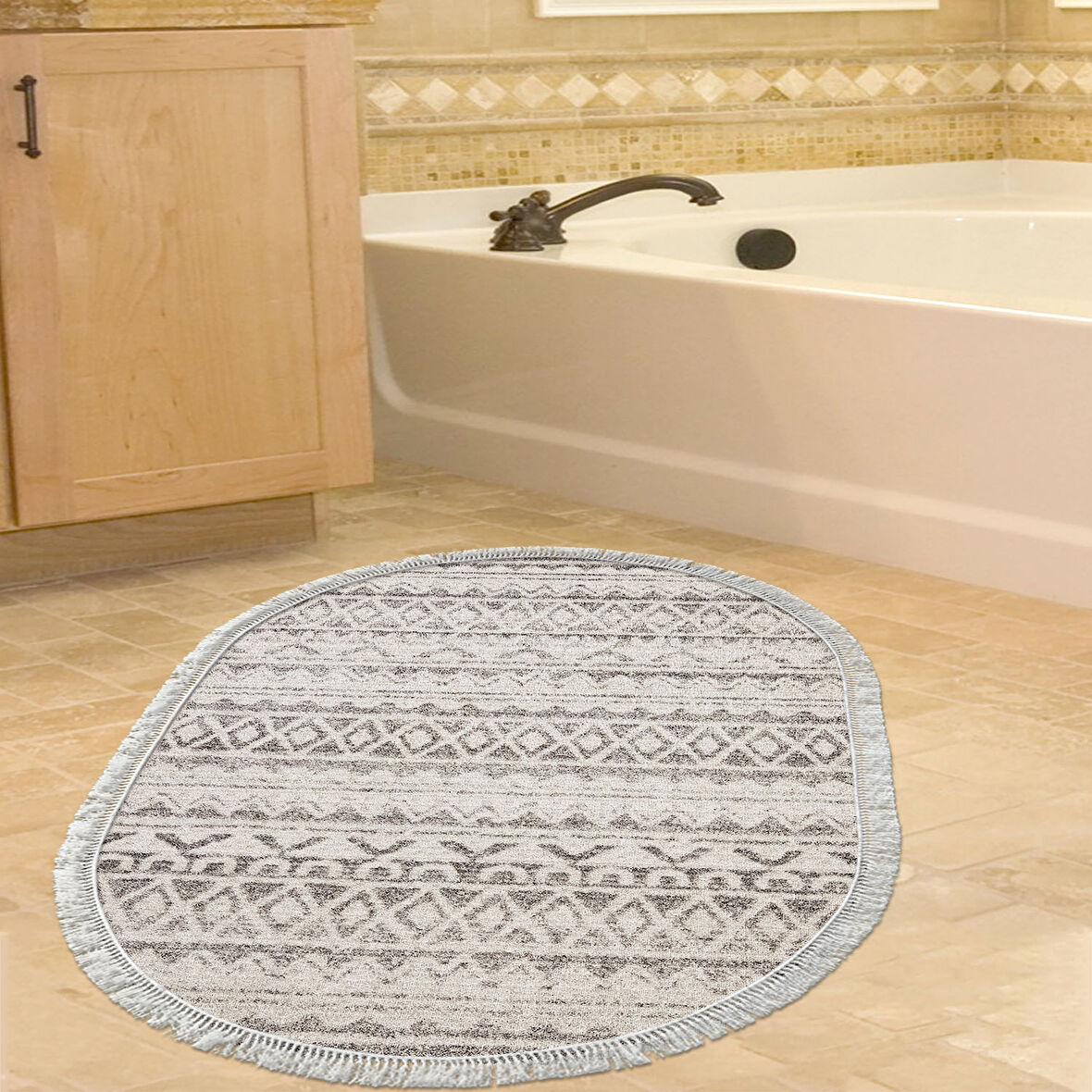 Dekoreko Kaymaz Taban Djt Banyo Halısı Trend Saçaklı Oval İskandinav F5078