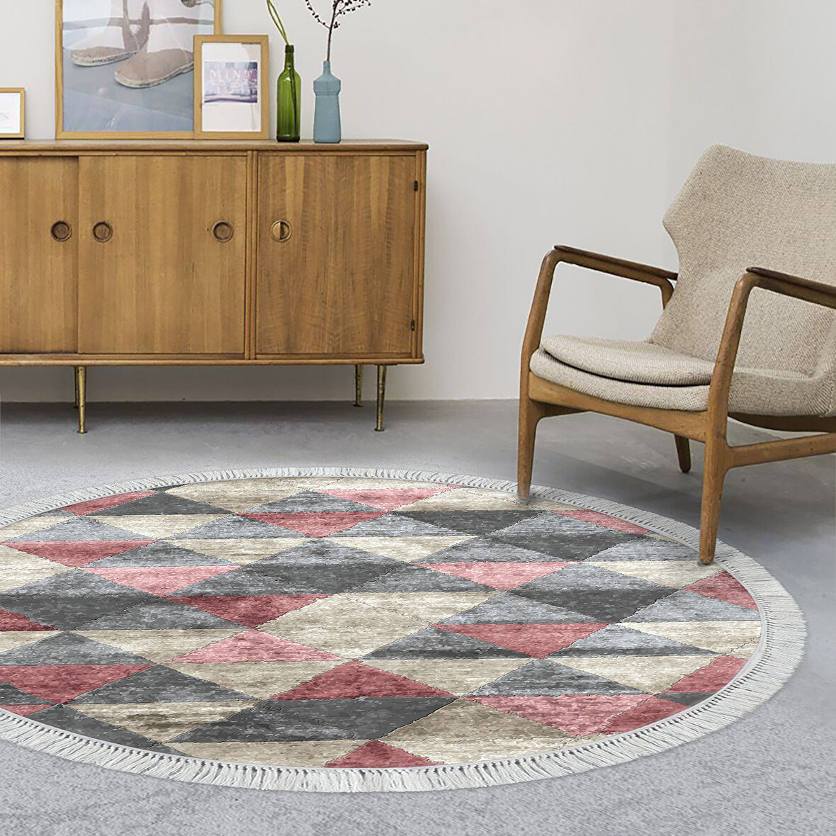 Dekoreko Kaymaz Taban Djt Salon Halısı Star Pamuk Saçaklı Yuvarlak İskandinav 661M