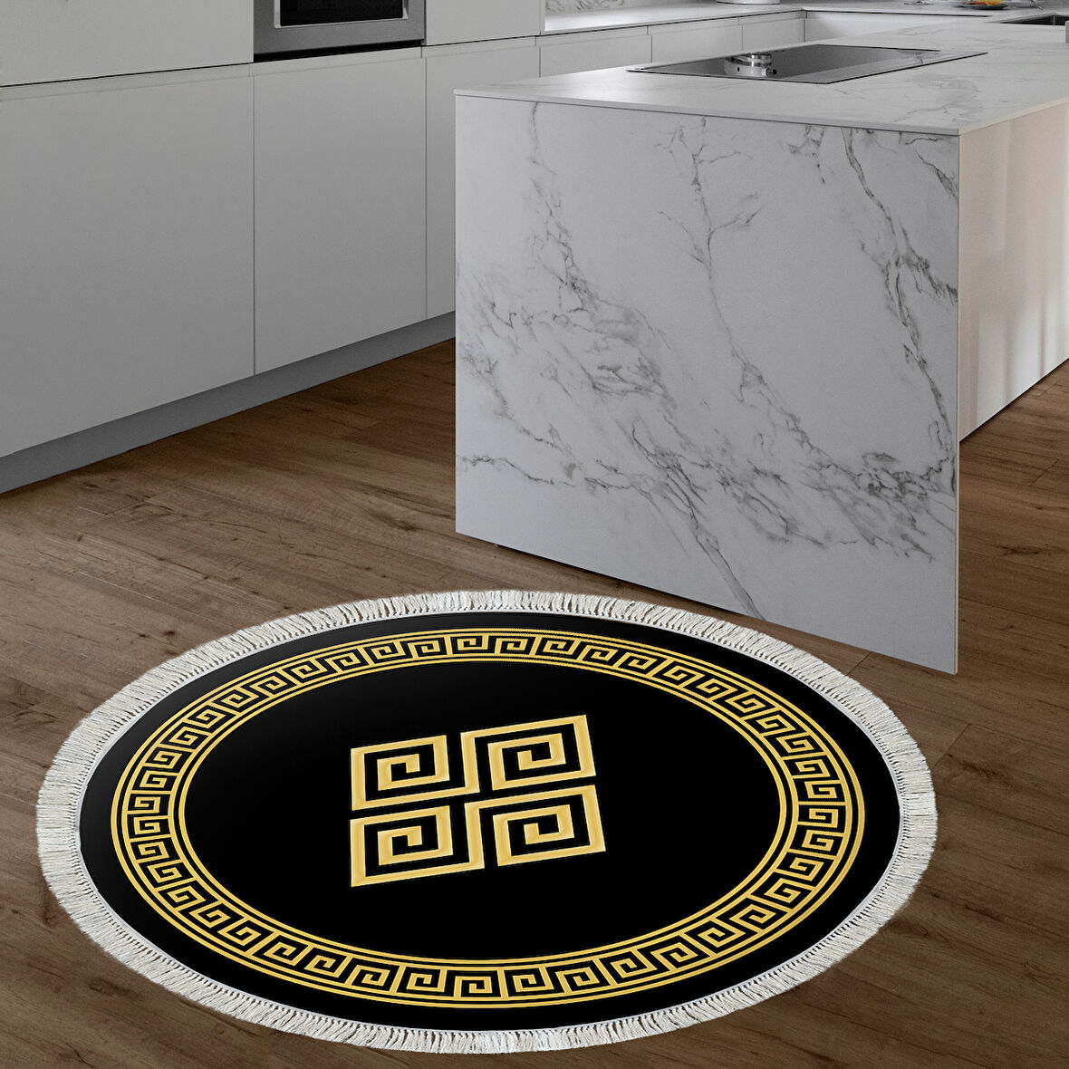 Dekoreko Kaymaz Taban Djt Mutfak Halısı Yıldız Deri Saçaklı Yuvarlak Modern 656M