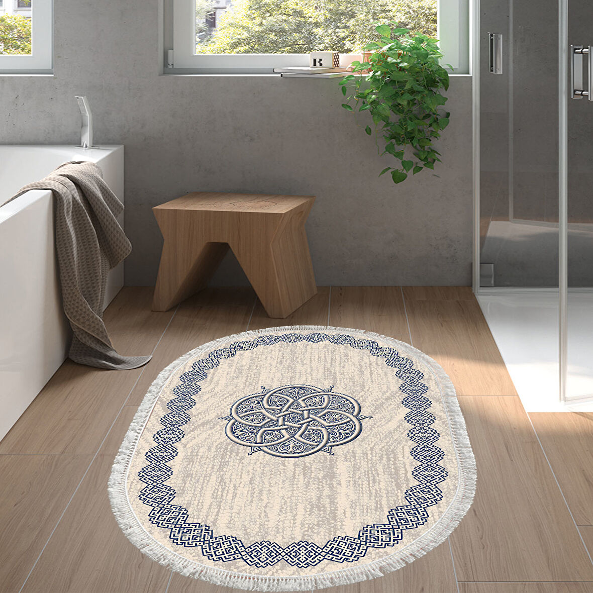 Dekoreko Kaymaz Taban Djt Banyo Halısı Star Pamuk Saçaklı Oval Modern 1319