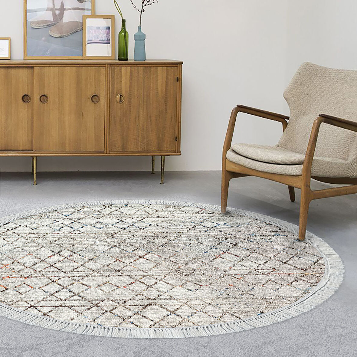 Dekoreko Kaymaz Taban Djt Salon Halısı Trend Saçaklı Yuvarlak İskandinav F5079