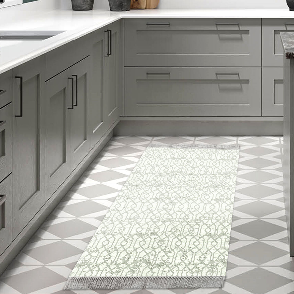 Dekoreko Kaymaz Taban Djt Mutfak Halısı Star Pamuk Saçaklı Modern 757