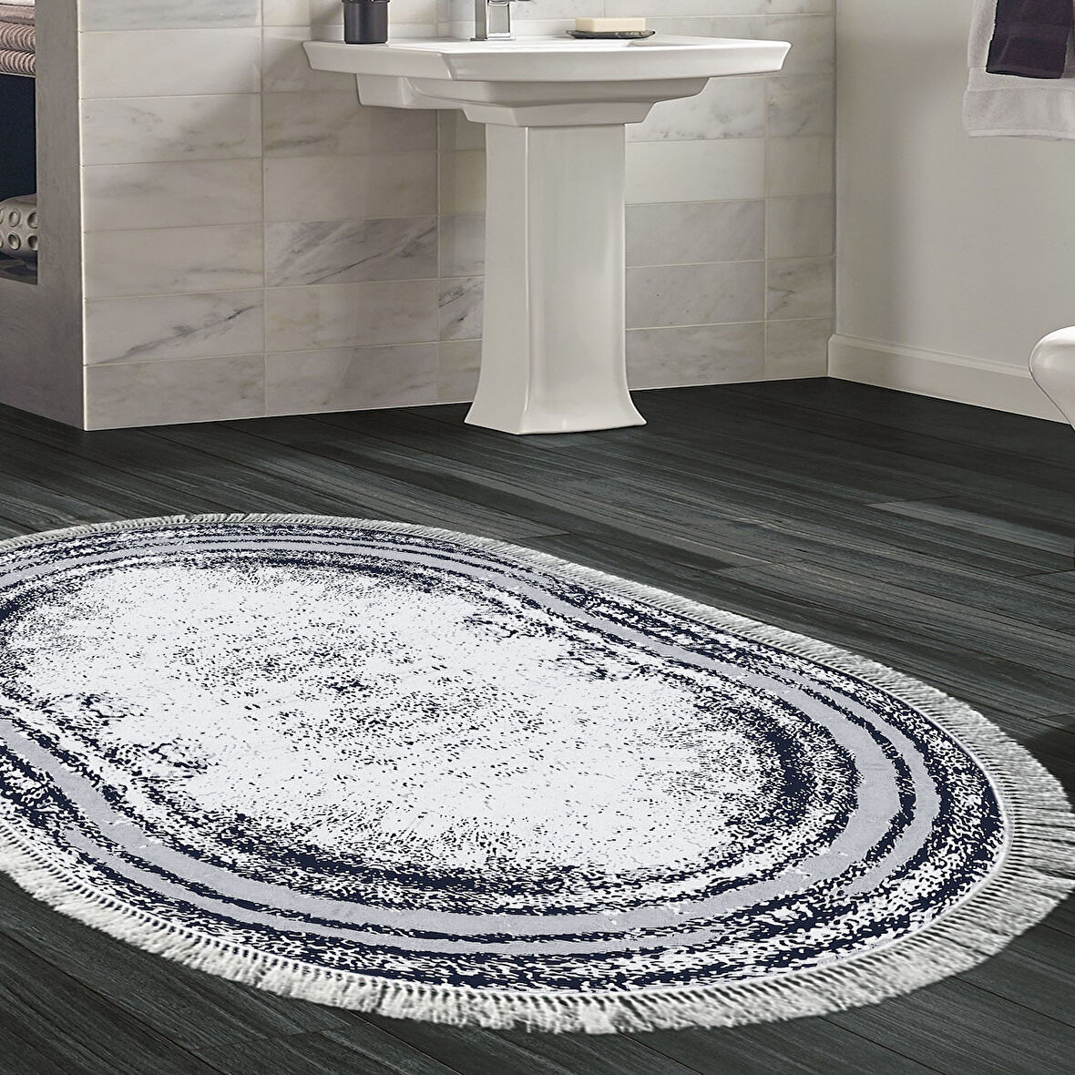 Dekoreko Kaymaz Taban Djt Banyo Halısı Star Pamuk Saçaklı Oval Modern M5132