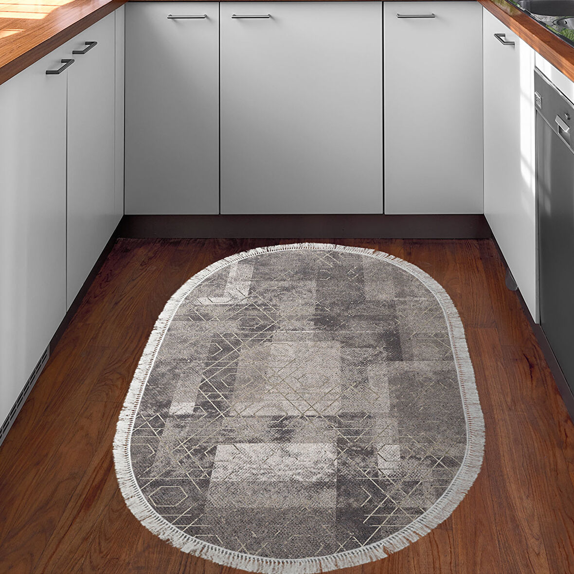 Dekoreko Kaymaz Taban Djt Mutfak Halısı Star Pamuk Saçaklı Oval İskandinav F5132