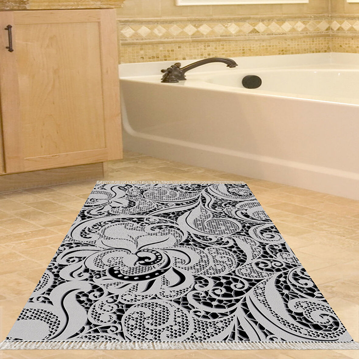 Dekoreko Kaymaz Taban Djt Banyo Halısı Yıldız Deri Saçaklı Modern Mu145