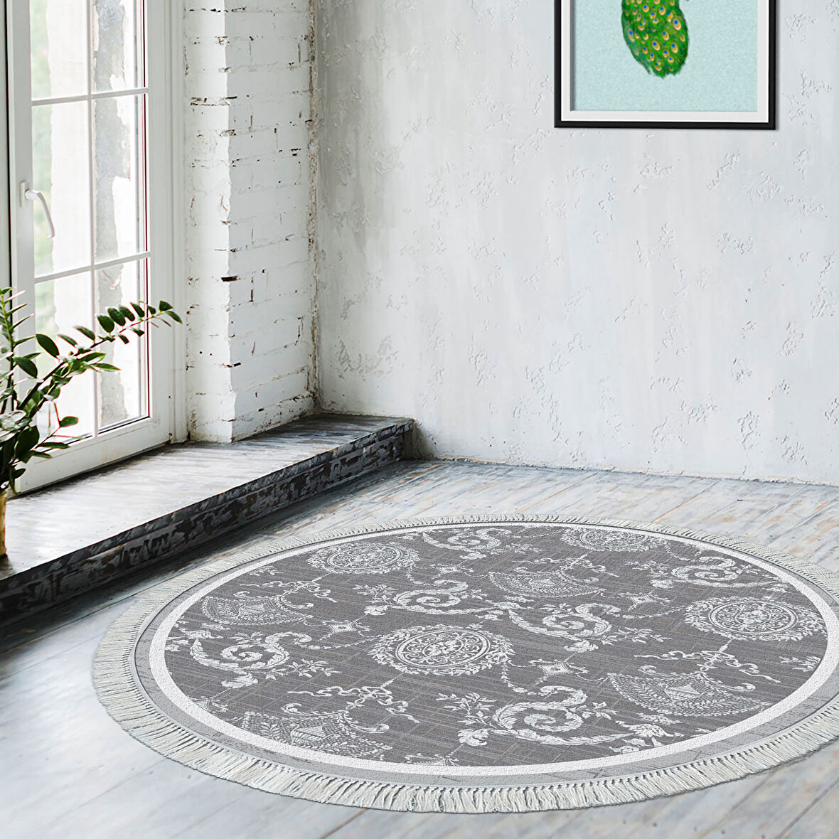 Dekoreko Kaymaz Taban Djt Salon Halısı Star Pamuk Saçaklı Yuvarlak Modern 1861M