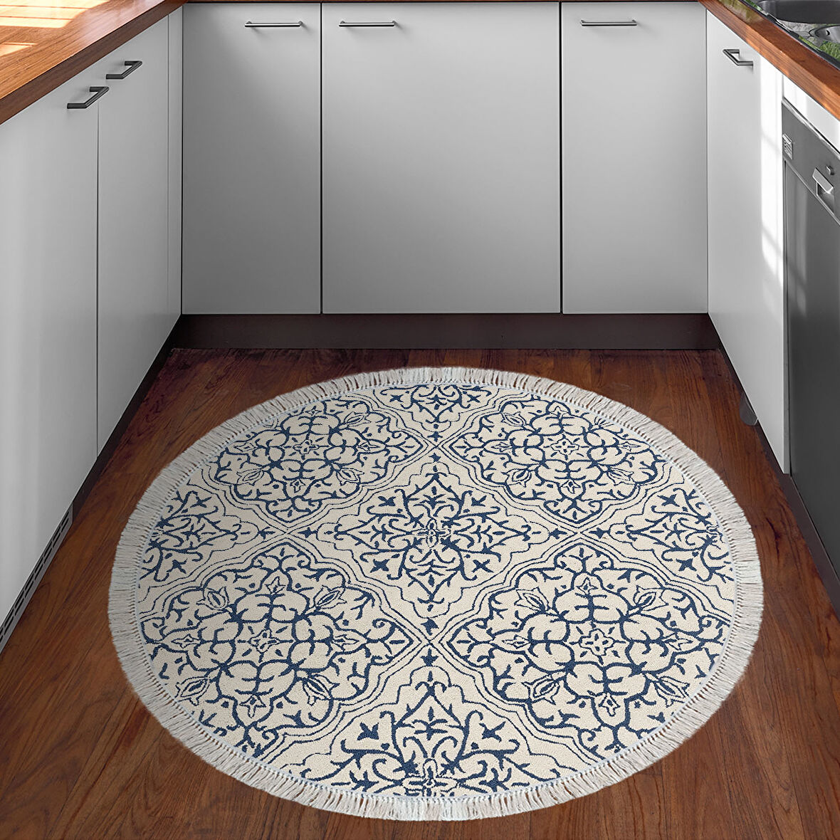 Dekoreko Kaymaz Taban Djt Mutfak Halısı Star Pamuk Saçaklı Yuvarlak Modern 1906M