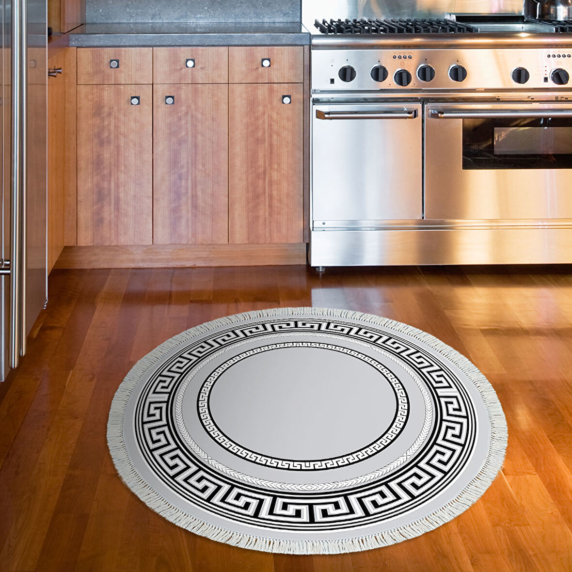 Dekoreko Kaymaz Taban Djt Mutfak Halısı Yıldız Deri Saçaklı Yuvarlak Modern 651M