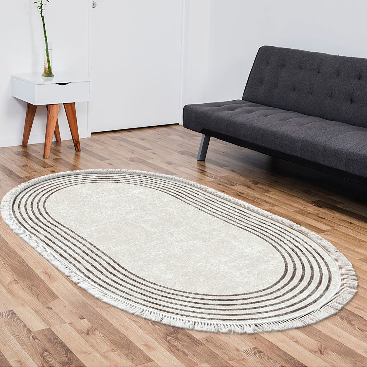 Dekoreko Kaymaz Taban Djt Salon Halısı Star Pamuk Saçaklı Oval Modern M5142