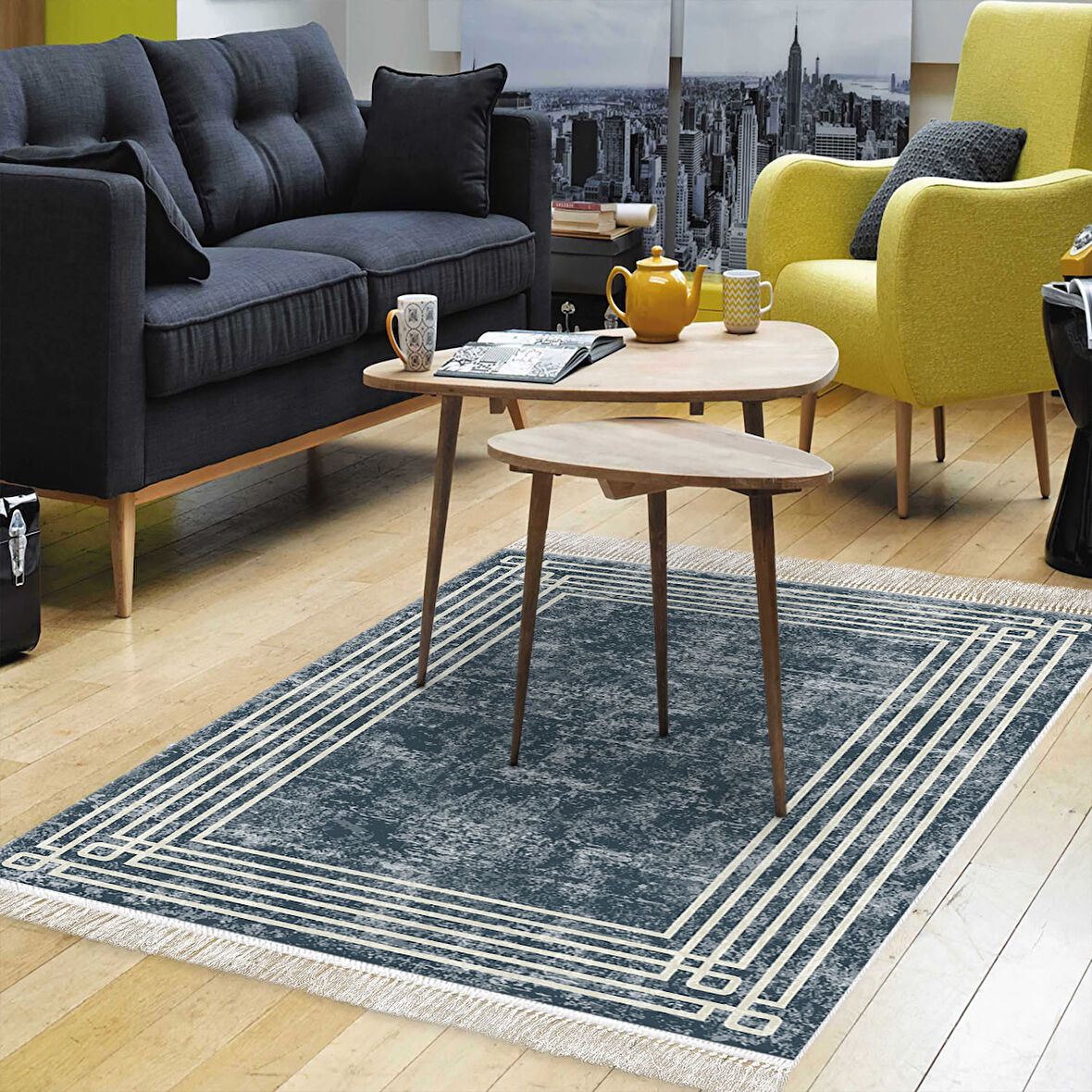 Dekoreko Kaymaz Taban Djt Salon Halısı Yıldız Deri Saçaklı Modern M5142