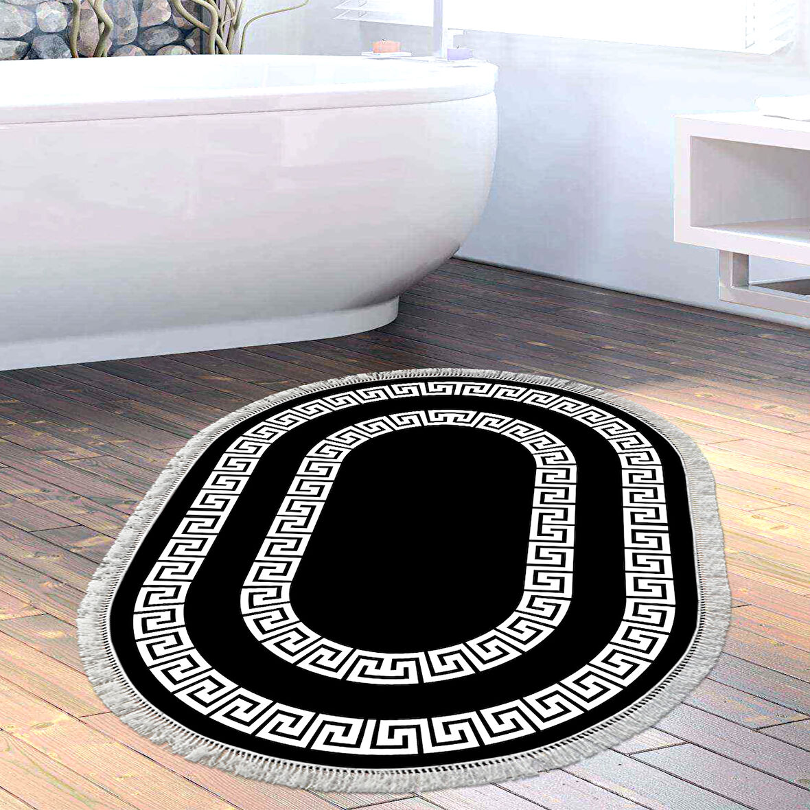 Dekoreko Kaymaz Taban Djt Banyo Halısı Yıldız Deri Saçaklı Oval Modern 650M