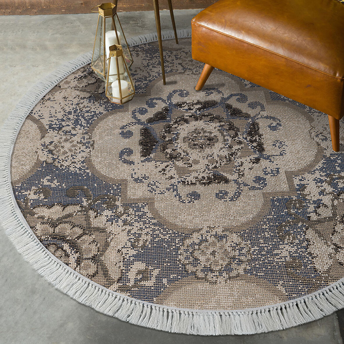 Dekoreko Kaymaz Taban Djt Salon Halısı Trend Saçaklı Yuvarlak Modern 1903M