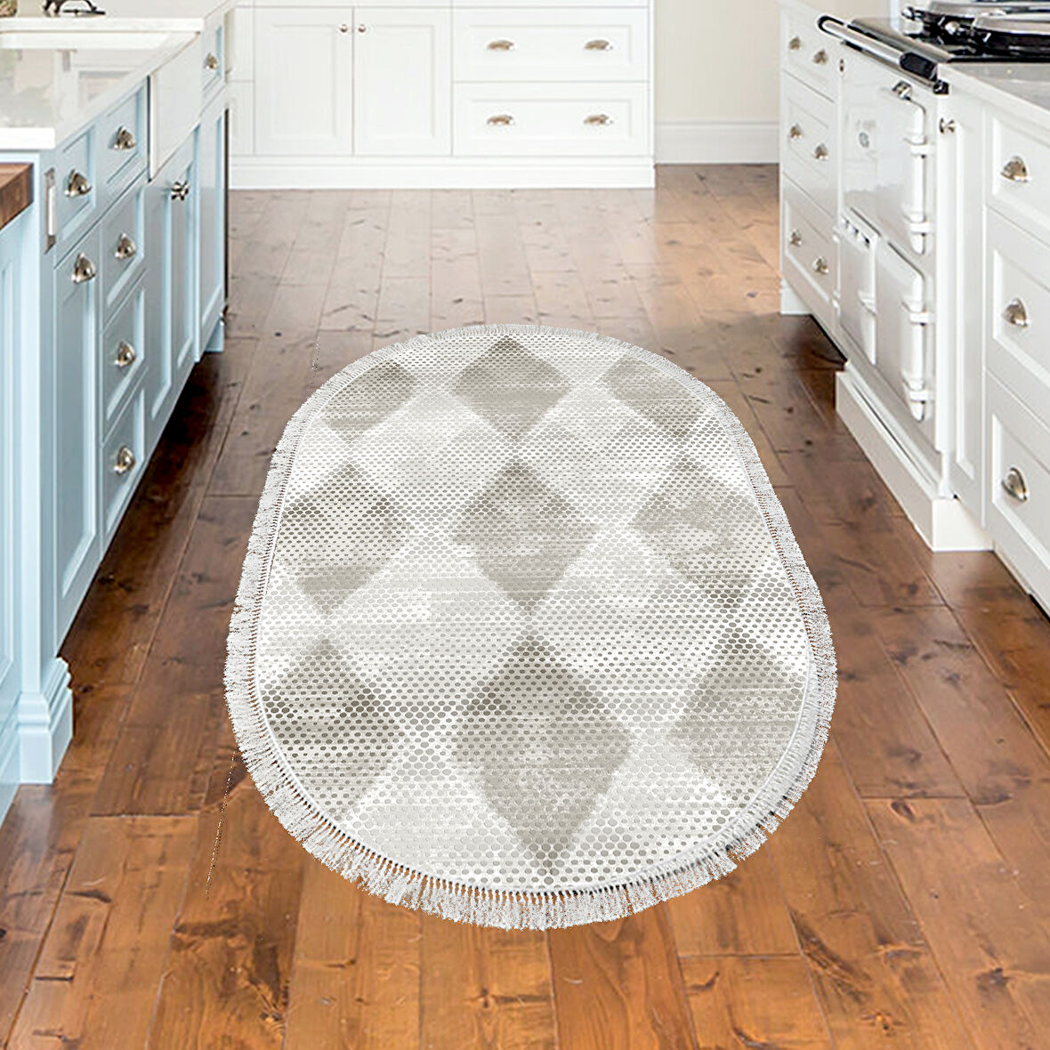 Dekoreko Kaymaz Taban Djt Mutfak Halısı Yıldız Deri Saçaklı Oval İskandinav F5131