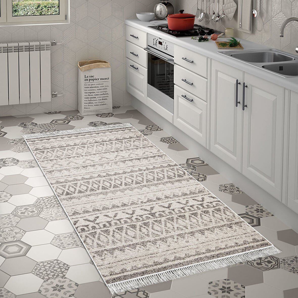 Dekoreko Kaymaz Taban Djt Mutfak Halısı Yıldız Deri Saçaklı İskandinav F5078