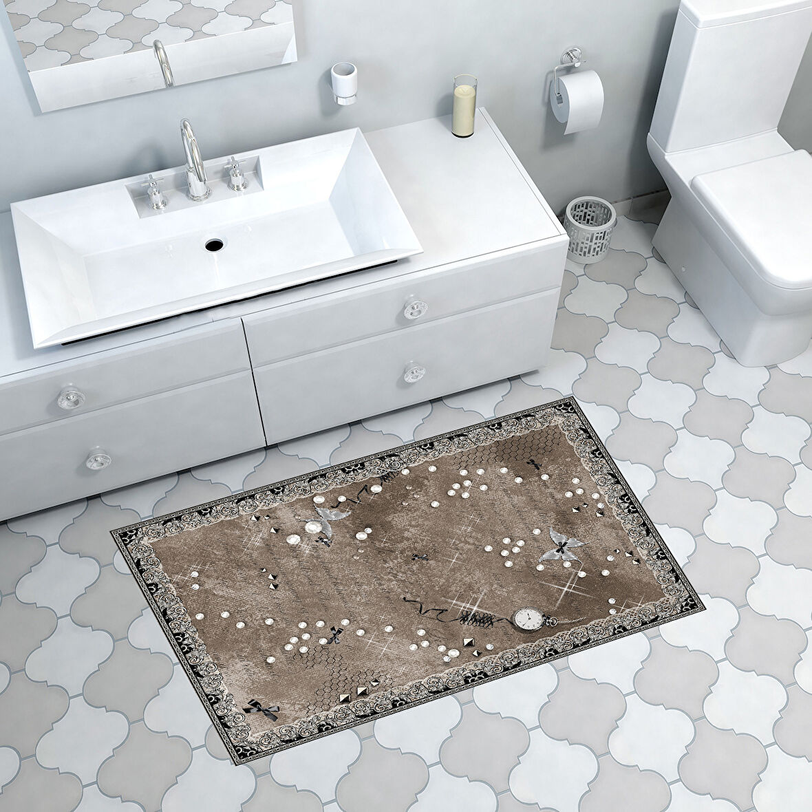 Dekoreko Kaymaz Taban Djt Banyo Halısı Yıldız Deri Modern Mu118
