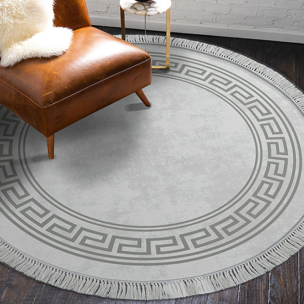 Dekoreko Kaymaz Taban Djt Salon Halısı Star Pamuk Saçaklı Yuvarlak Modern 626M