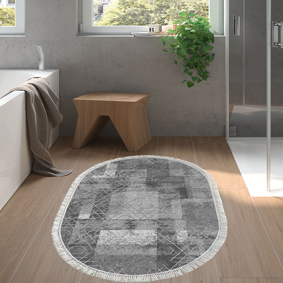 Dekoreko Kaymaz Taban Djt Banyo Halısı Yıldız Deri Saçaklı Oval İskandinav F5132