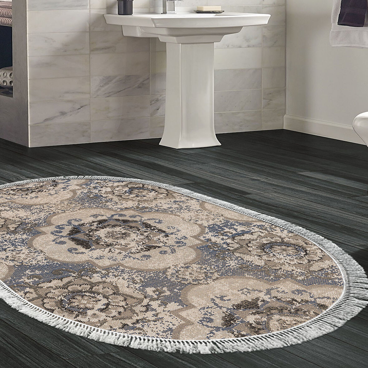 Dekoreko Kaymaz Taban Djt Banyo Halısı Trend Saçaklı Oval Modern 1903M