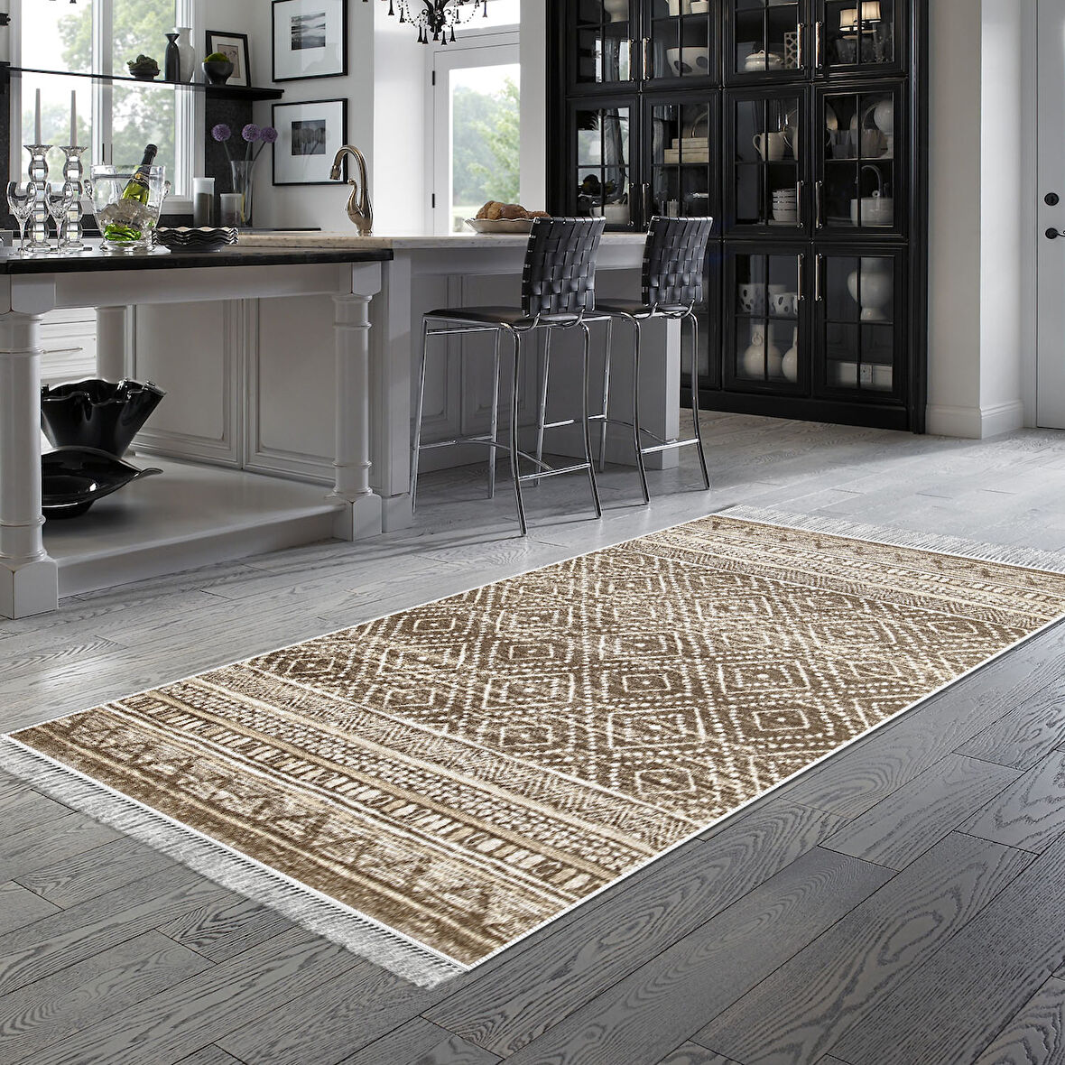 Dekoreko Kaymaz Taban Djt Mutfak Halısı Yıldız Deri Saçaklı İskandinav F5087