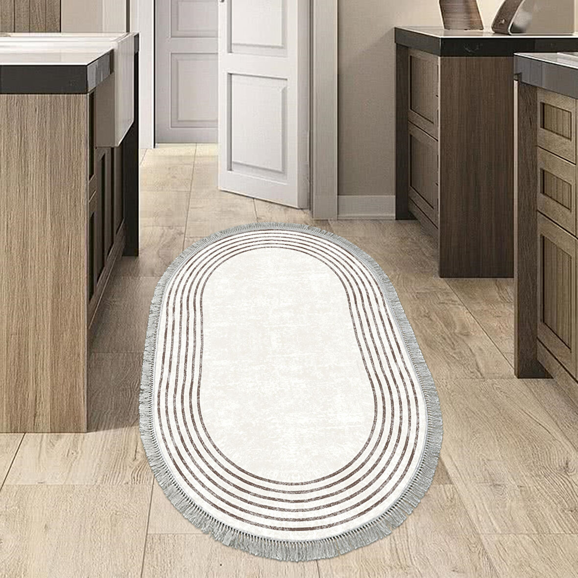 Dekoreko Kaymaz Taban Djt Mutfak Halısı Trend Saçaklı Oval Modern M5142
