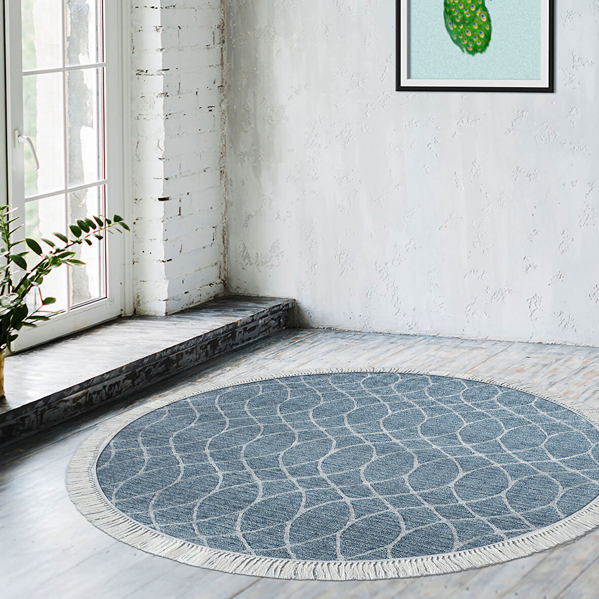 Dekoreko Kaymaz Taban Djt Salon Halısı Star Pamuk Saçaklı Yuvarlak İskandinav F5084