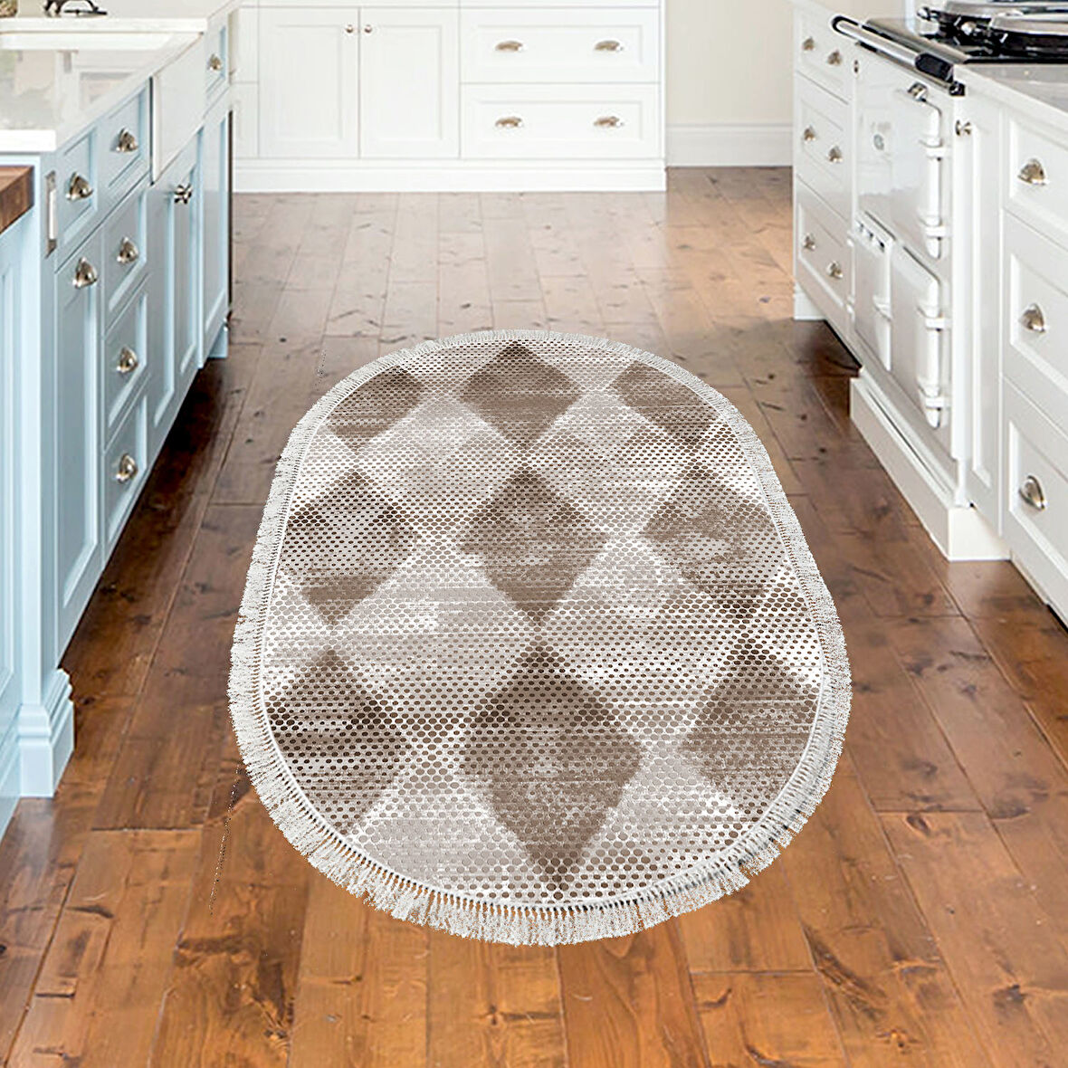 Dekoreko Kaymaz Taban Djt Mutfak Halısı Yıldız Deri Saçaklı Oval İskandinav F5131