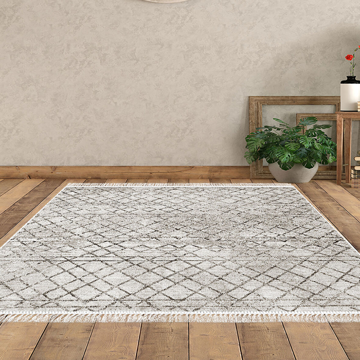 Dekoreko Kaymaz Taban Djt Salon Halısı Yıldız Deri Saçaklı İskandinav F5079