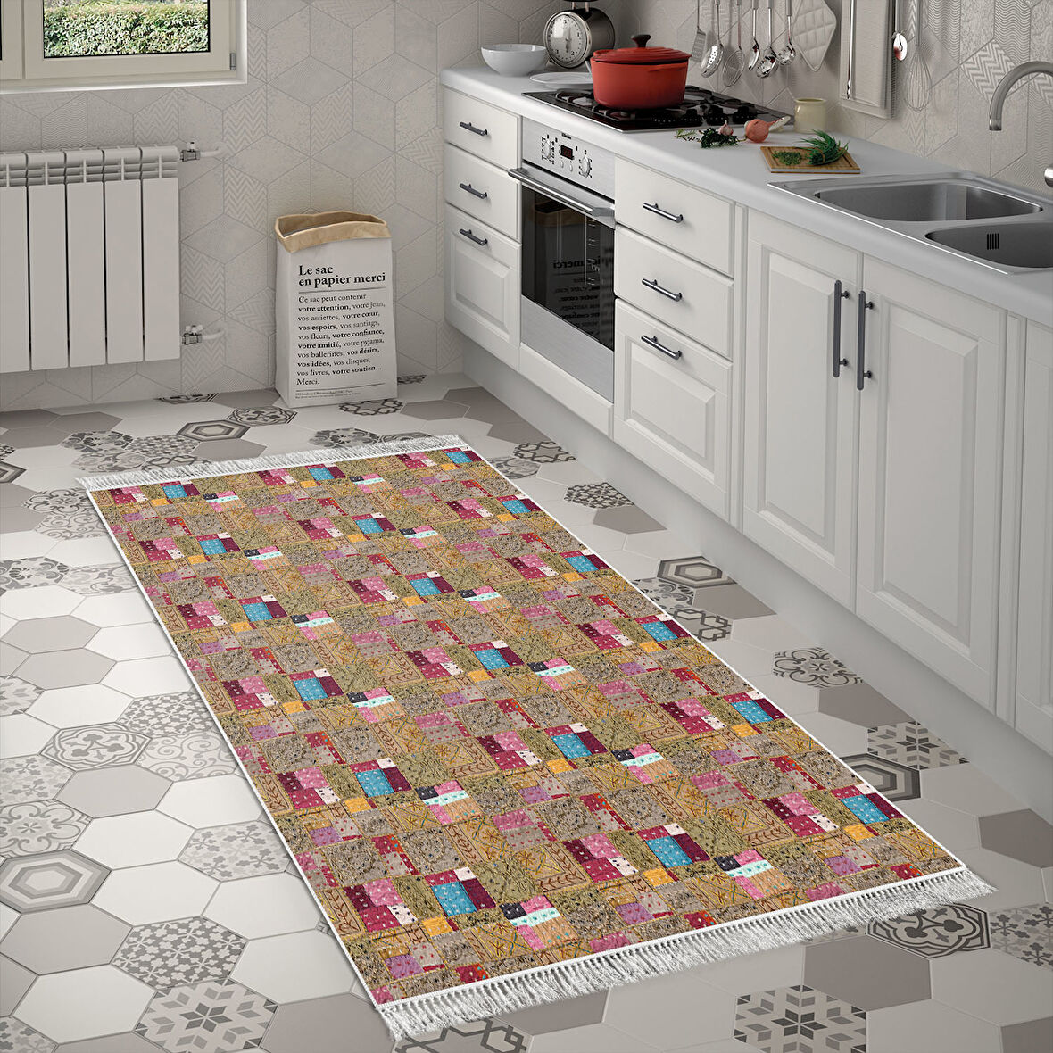 Dekoreko Kaymaz Taban Djt Mutfak Halısı Yıldız Deri Saçaklı Modern 2155M