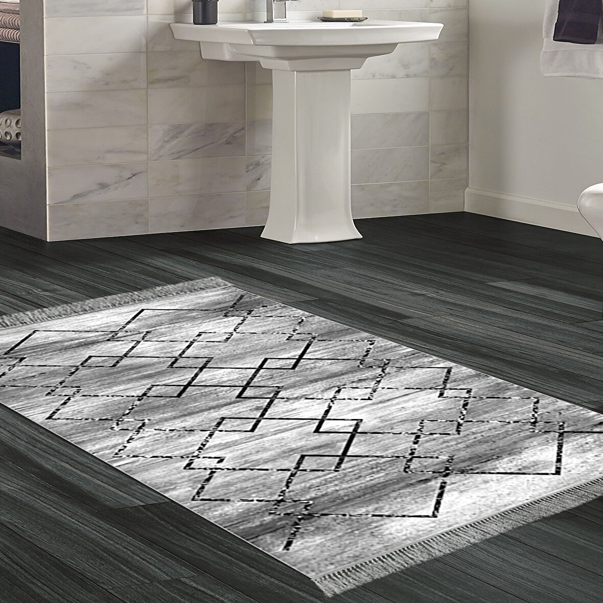 Dekoreko Kaymaz Taban Djt Banyo Halısı Trend Saçaklı Modern M5006