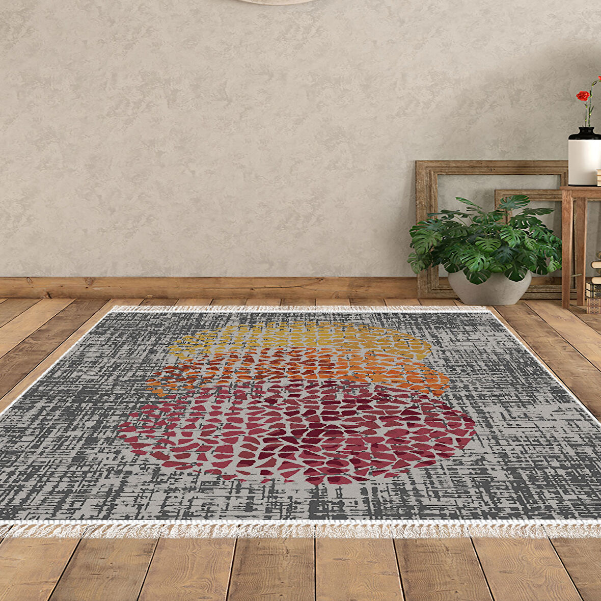 Dekoreko Kaymaz Taban Djt Salon Halısı Yıldız Deri Saçaklı Modern E4052