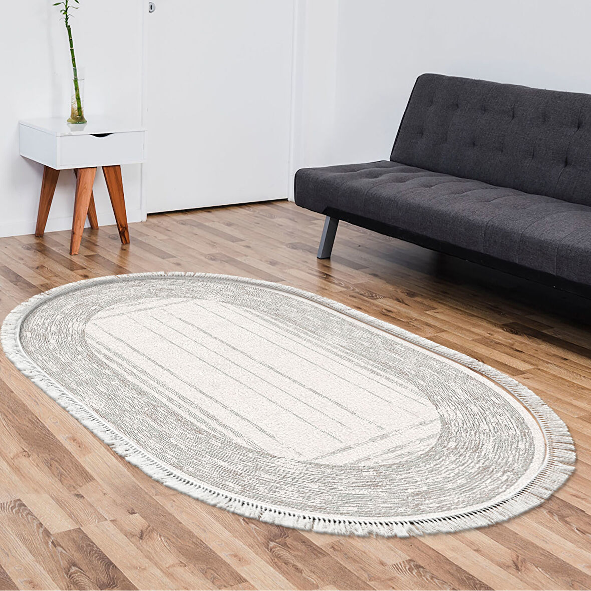 Dekoreko Kaymaz Taban Djt Salon Halısı Trend Saçaklı Oval Modern M5076