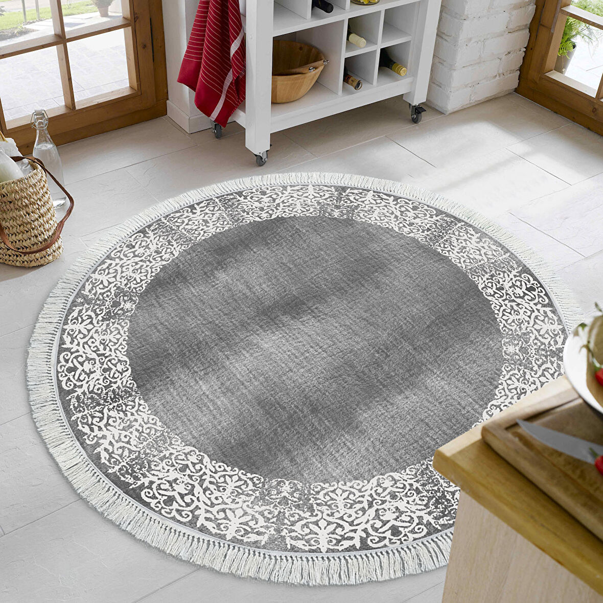 Dekoreko Kaymaz Taban Djt Mutfak Halısı Star Pamuk Saçaklı Yuvarlak Modern 1460