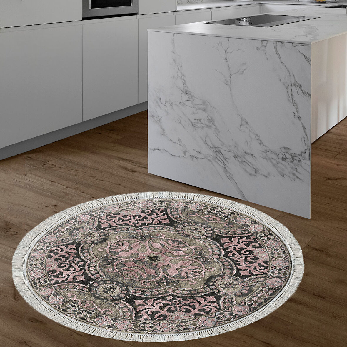 Dekoreko Kaymaz Taban Djt Mutfak Halısı Yıldız Deri Saçaklı Yuvarlak Modern 659M