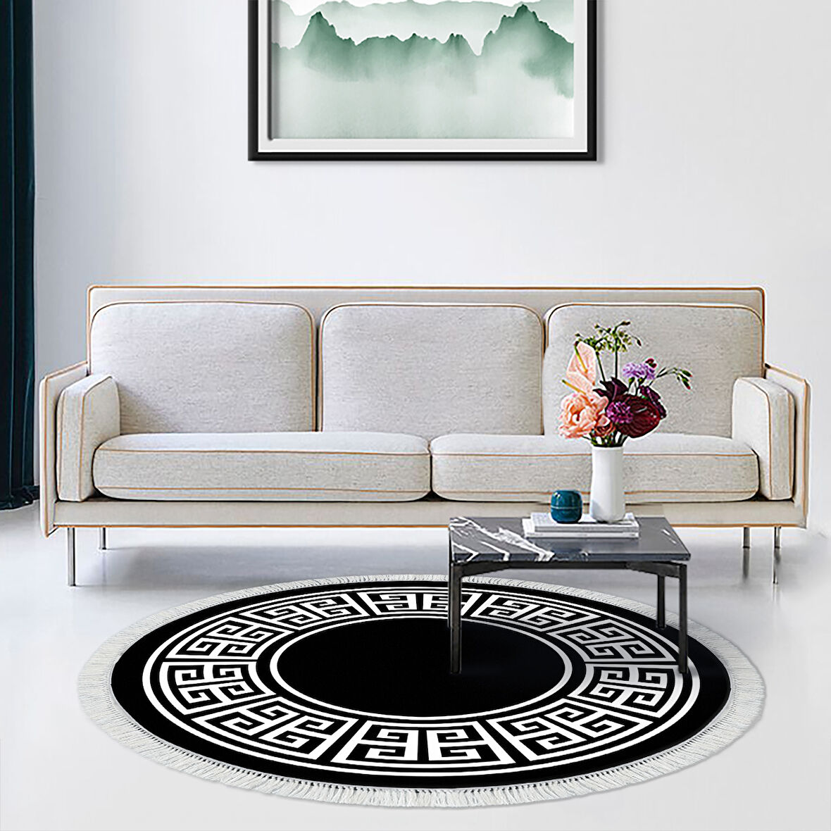 Dekoreko Kaymaz Taban Djt Salon Halısı Trend Saçaklı Yuvarlak Modern 608M