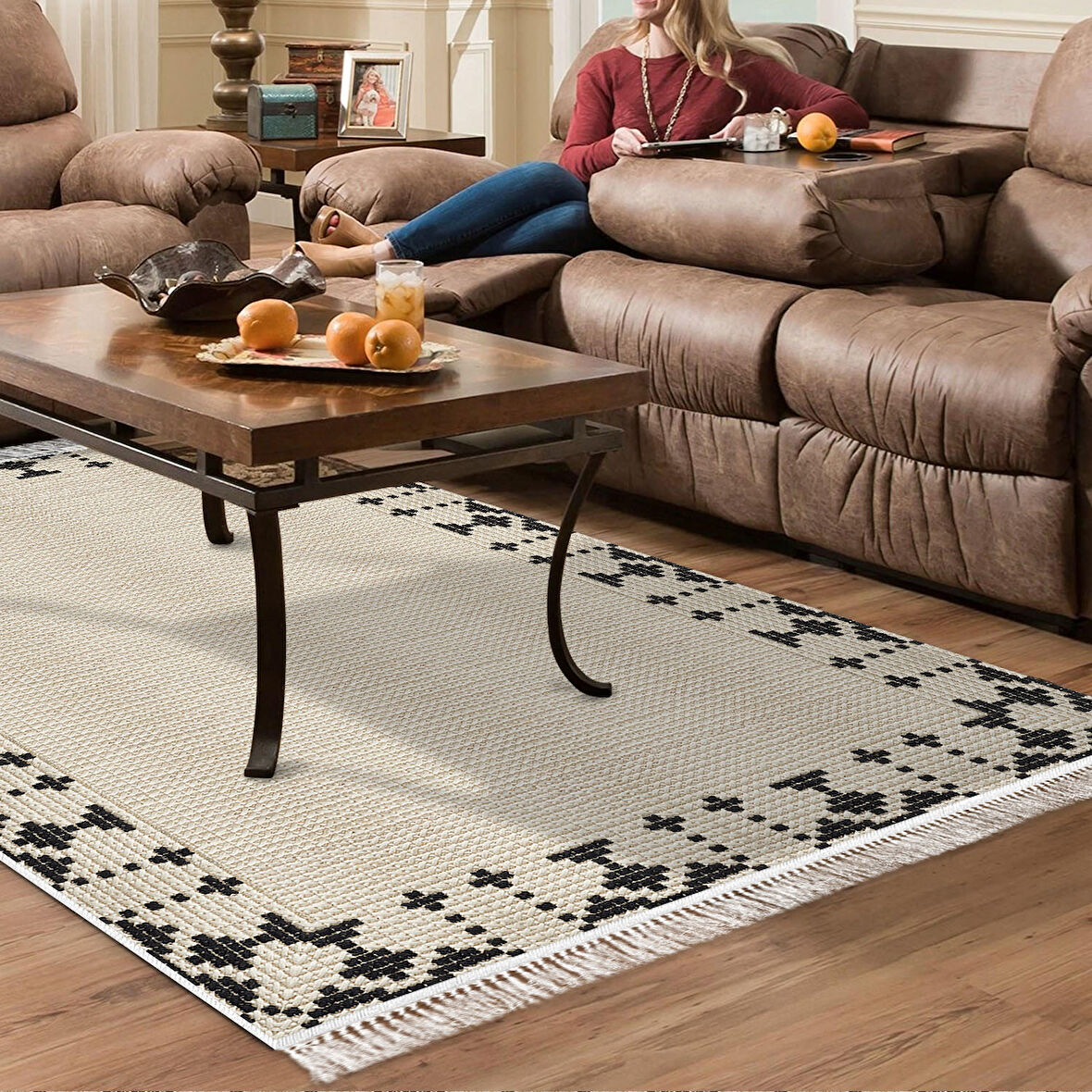 Dekoreko Kaymaz Taban Djt Salon Halısı Yıldız Deri Saçaklı Modern 1945