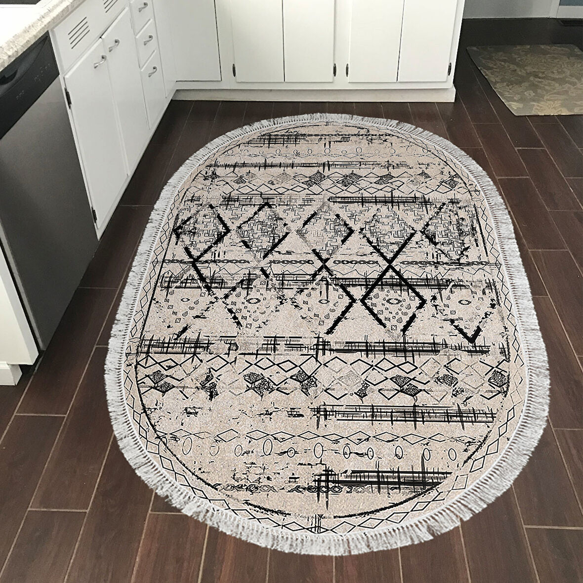 Dekoreko Kaymaz Taban Djt Mutfak Halısı Star Pamuk Saçaklı Oval İskandinav M5141