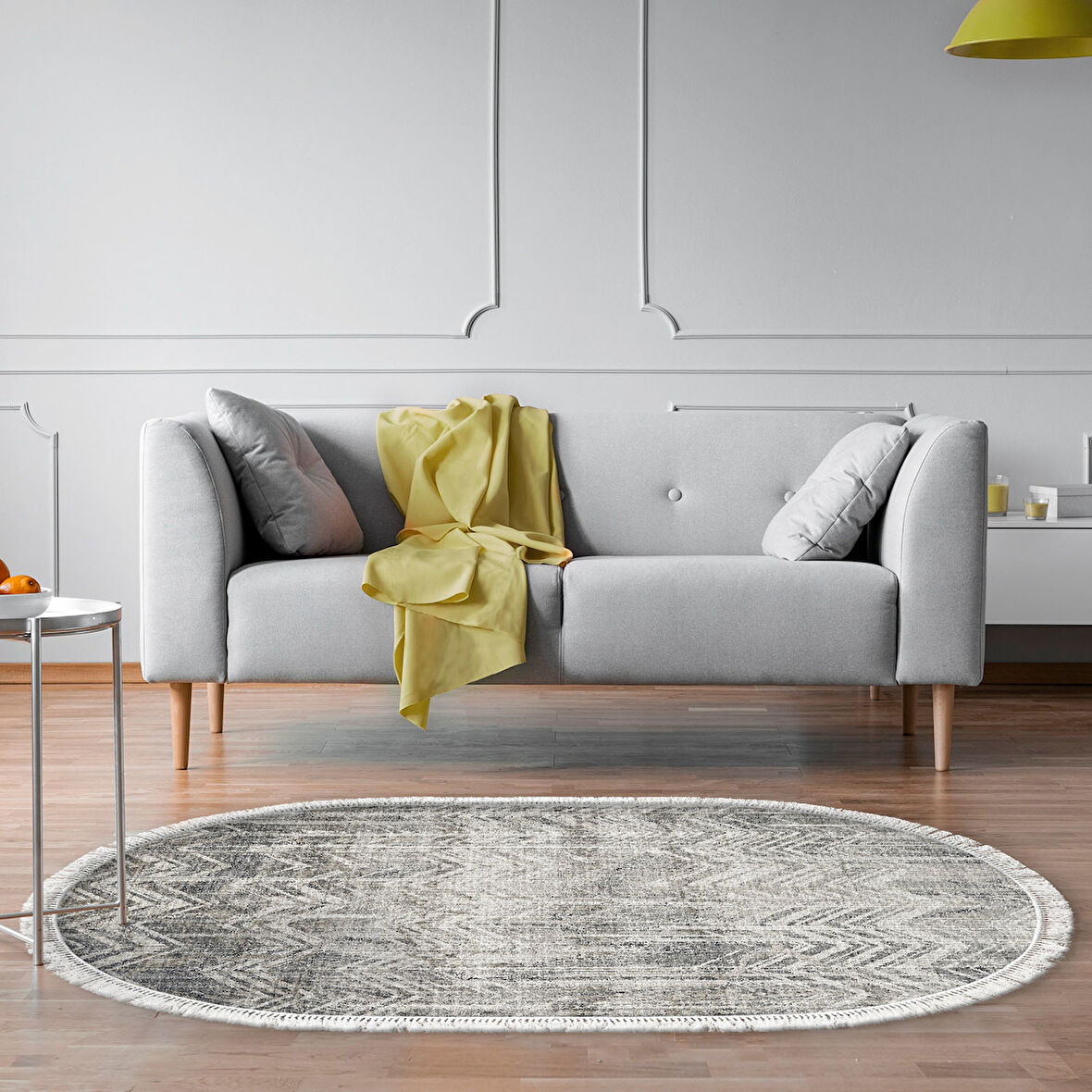 Dekoreko Kaymaz Taban Djt Salon Halısı Yıldız Deri Saçaklı Oval İskandinav F5083