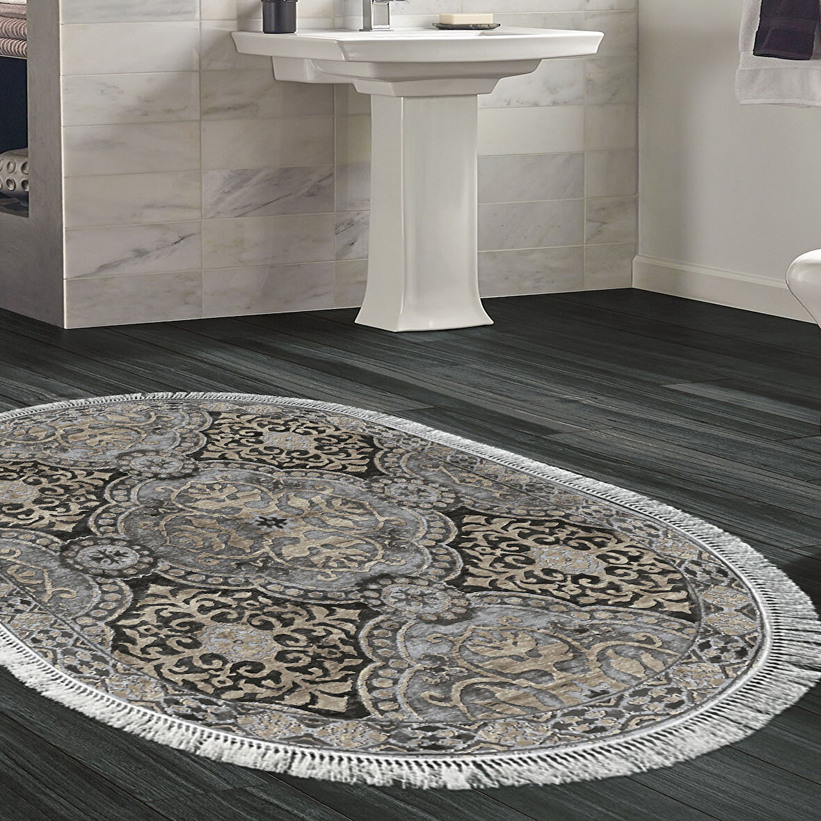 Dekoreko Kaymaz Taban Djt Banyo Halısı Yıldız Deri Saçaklı Oval Modern 659M