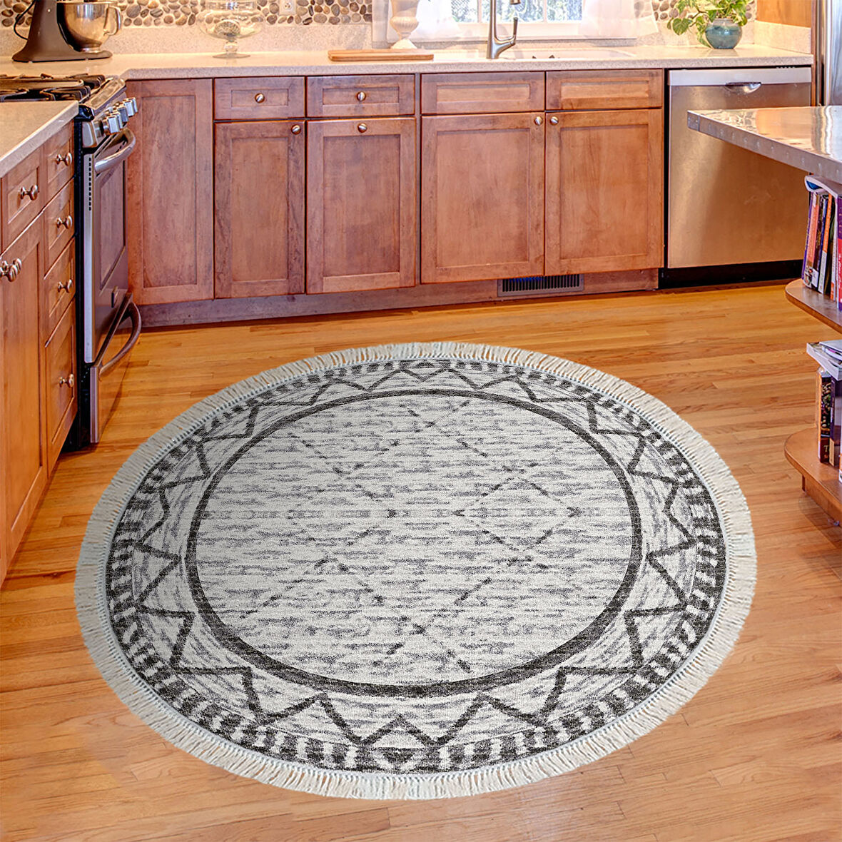 Dekoreko Kaymaz Taban Djt Mutfak Halısı Yıldız Deri Saçaklı Yuvarlak İskandinav F5081